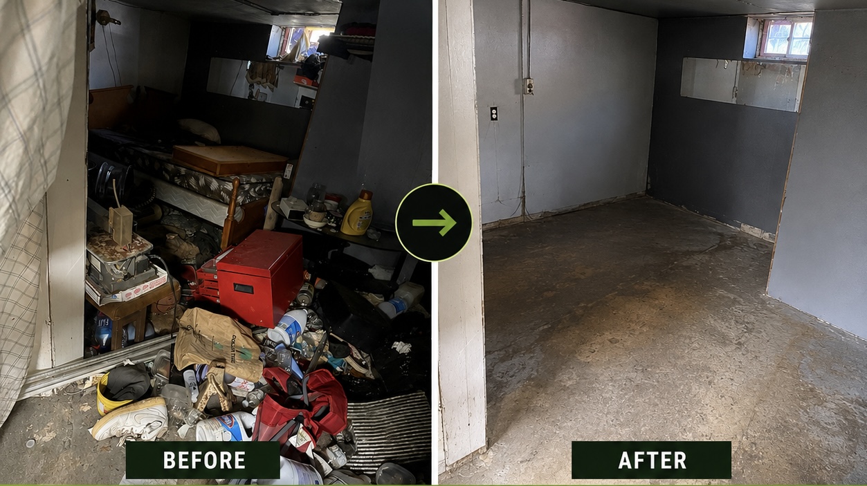 Before and after basement cleanout showing a packed storage area cleared by EcoHaul MA