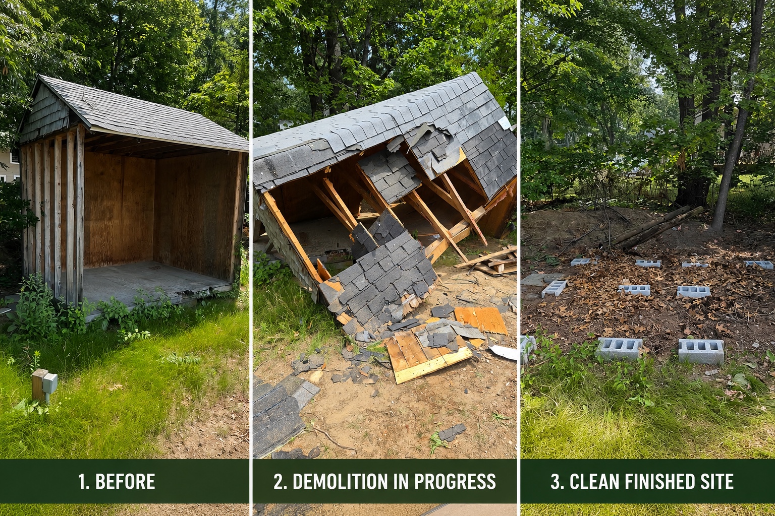 Before during and after shed demolition project in Marshfield MA